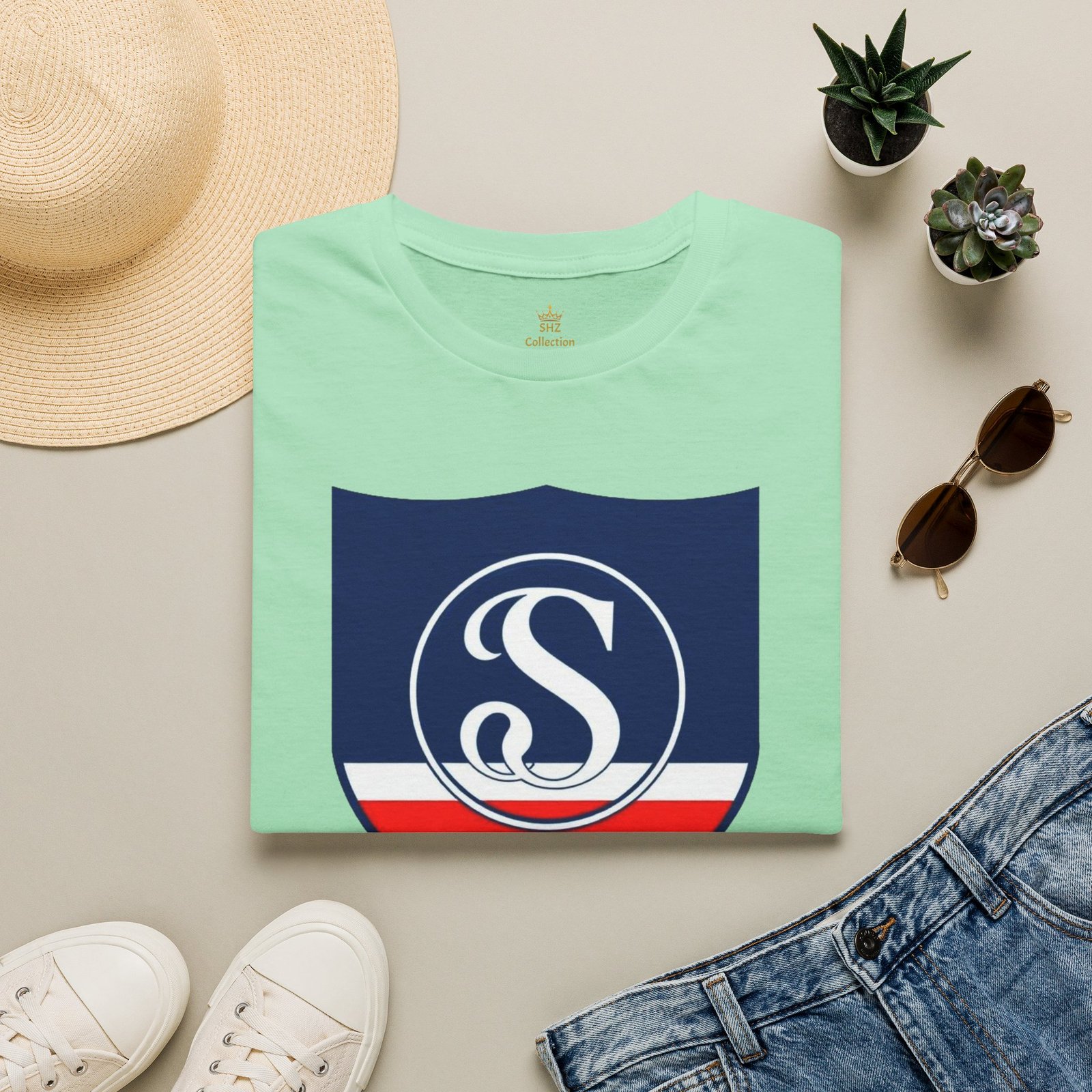 Shield Logo T‑Shirt — Navy Monogram 'S' with Red & White Stripe - Image 45