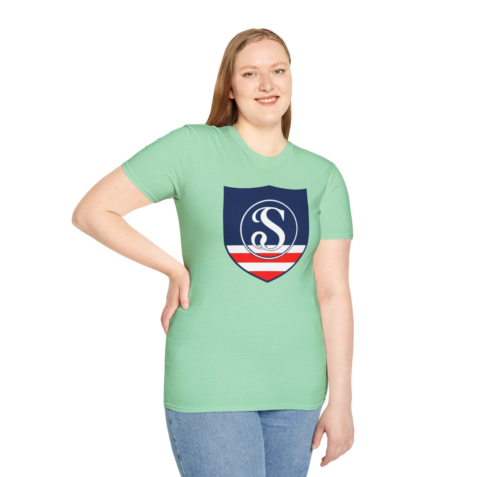 Shield Logo T‑Shirt — Navy Monogram 'S' with Red & White Stripe - Image 46